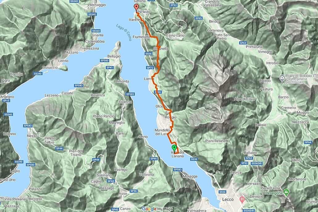 Como Lake hiking map Sentiero del Viandante from Abbadia Lariana to Varenna